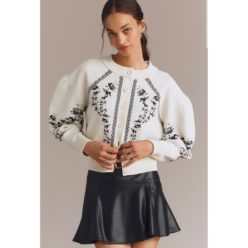 Anthropologie Sculpted Puff Sleeve Cardigan Women L Cotton Blend Ivory Black